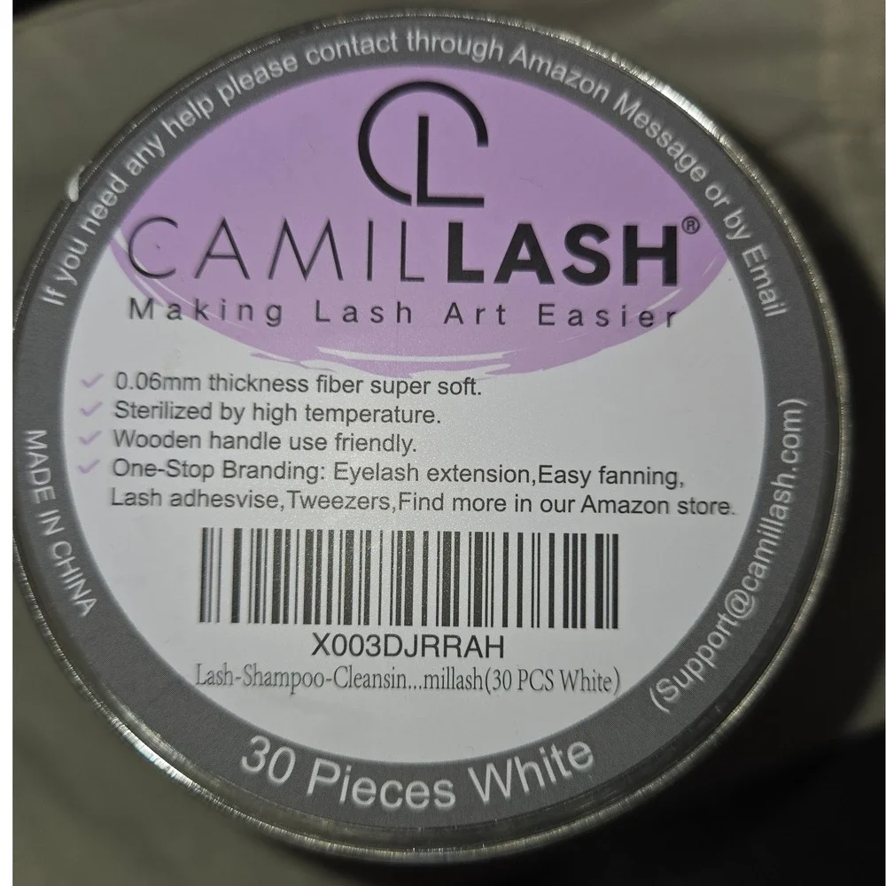 CamilLash Lash Extension Shampoo Cleansing Brushes 30 Count White Wooden Handle